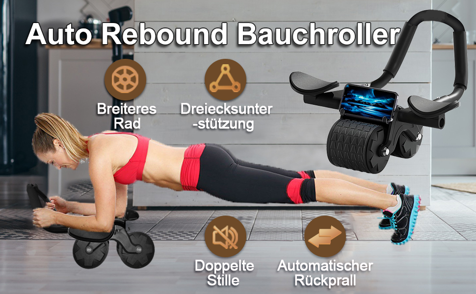 Ролер для пресу Ab Roller з підтримкою ліктів, тренажер для пресу з автоматичним відскоком, ролер для пресу з килимком для колін для чоловіків та жінок, тренування пресу на подвійних колесах, стабільний, чорний