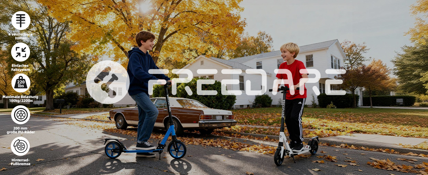 Міський трюковий ролер FREEDARE Cityroller для дітей та дорослих, складний, колеса 200 мм, регулювання висоти, до 100 кг, білий