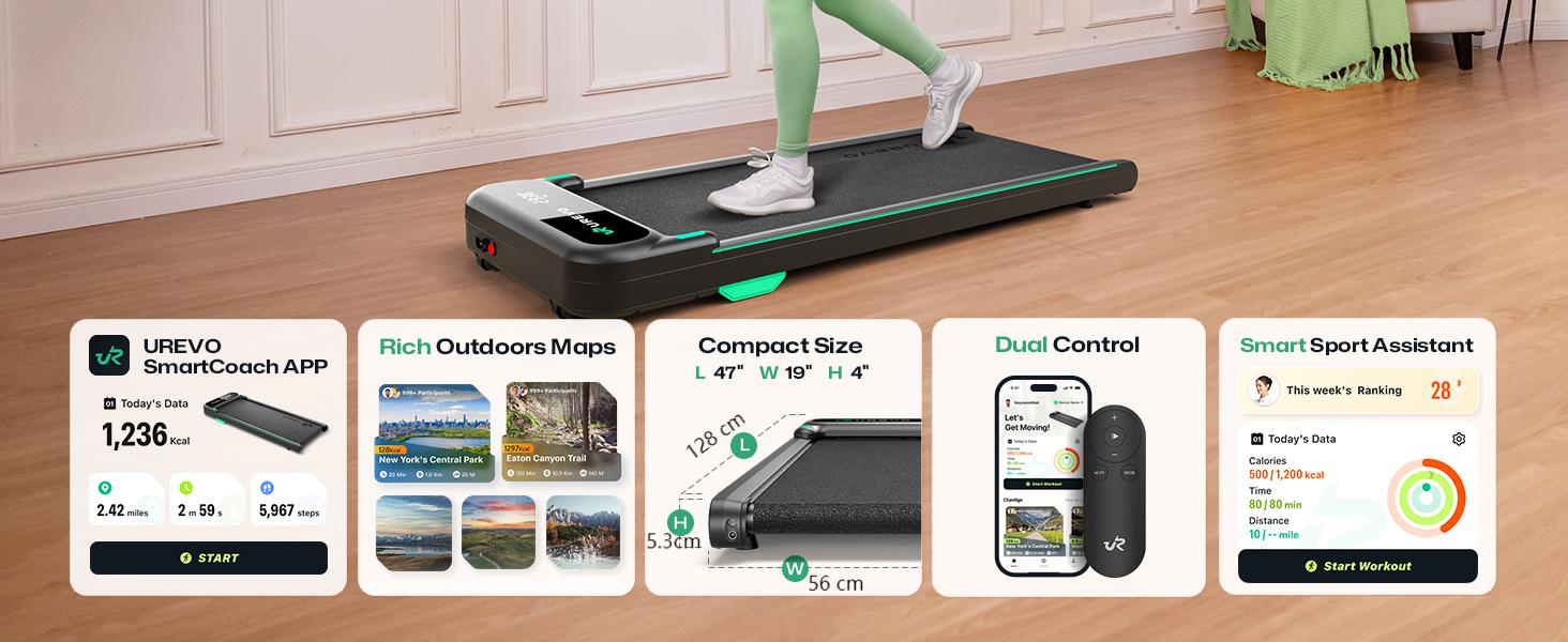 UREVO Smart Walking Pad: компактний біговий килимок під стіл з амортизацією, керування через додаток та пультом, 38x102 см