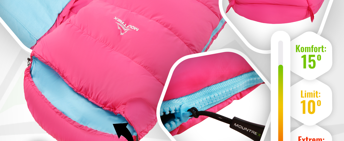 Дитячий спальний мішок MOUNTREX® - 175x70x45 см - для кемпінгу, подорожей, відпочинку на природі. 100% бавовна, рожево-блакитний, легкий, компактний, мумієподібний.