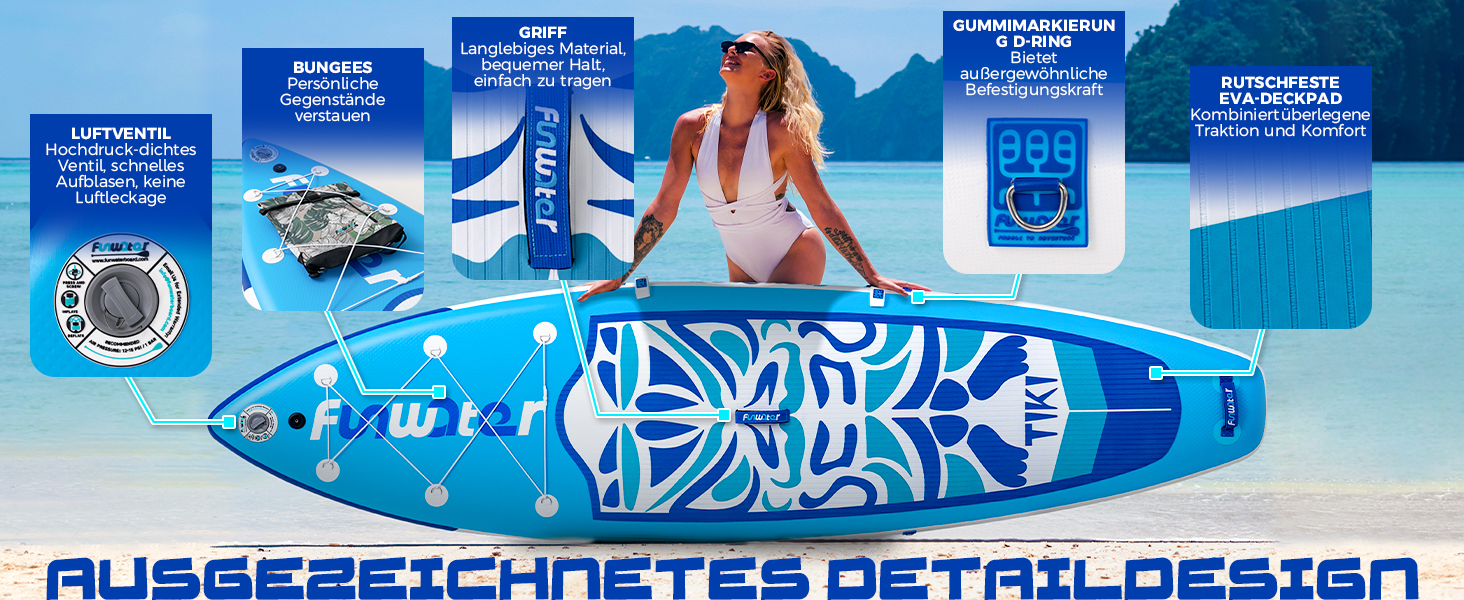Надувний SUP (Stand Up Paddle Board) FunWater 10'6' & 11'6' з аксесуарами: весло, насос, рюкзак, плавники. Підходить для всіх рівнів майстерності. Рожевий та синій кольори.