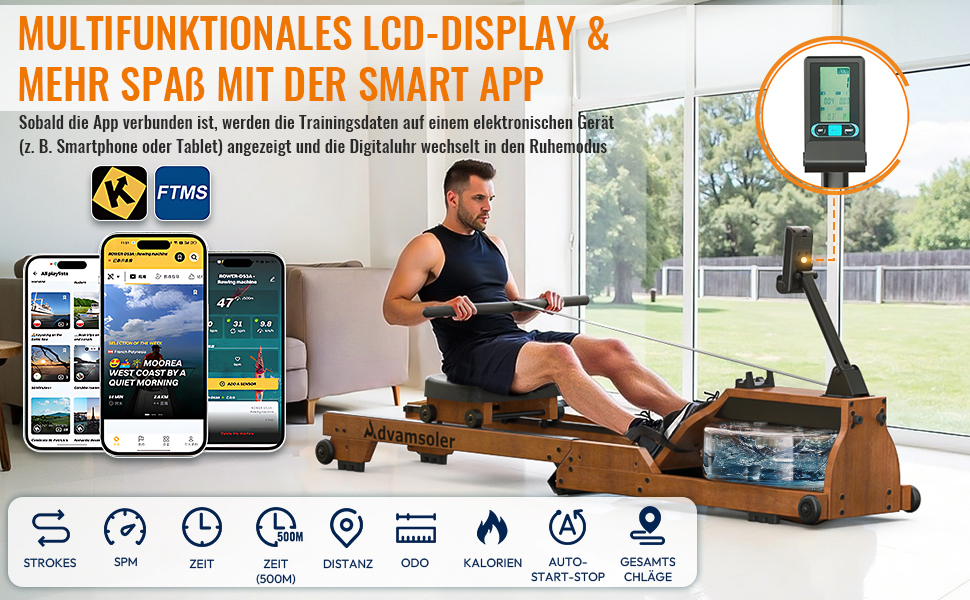 Водний тренажер Advamsoler для дому, складаний, з масивного дерева, Bluetooth-монітор, до 150 кг, R623-51-NEU