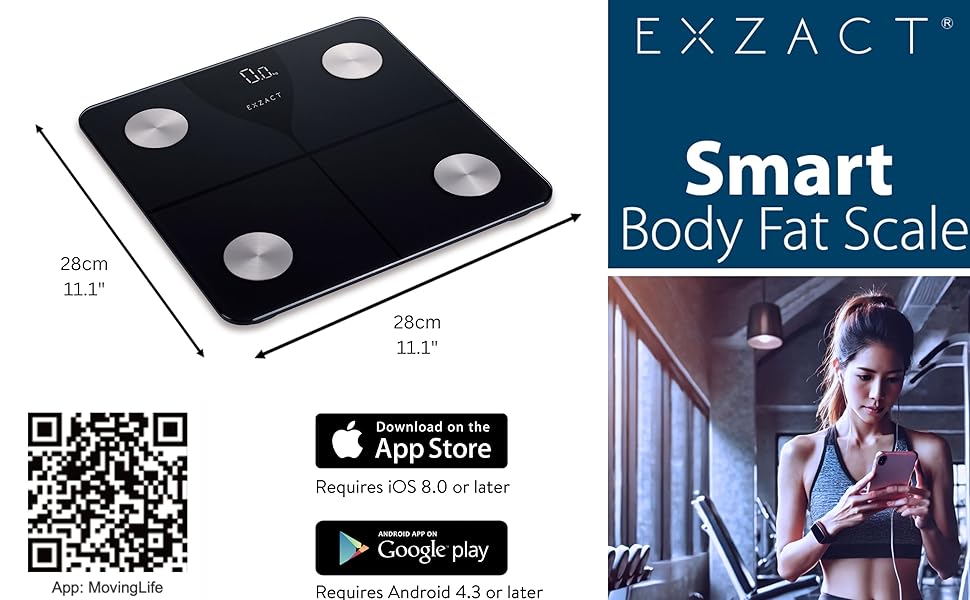 Цифрова вага для тіла та аналізу жиру Exzact з підключенням до App (iOS & Android) - Bluetooth, 180 кг, kg/st/lbs, чорний колір