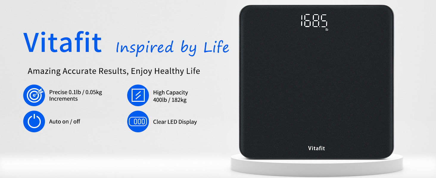 Vitafit Цифрова вага для тіла з визначенням ваги та ІМТ, Розумна вага з додатком через Bluetooth, Нековзна платформа, Чорний колір (срібно-чорне напилення)