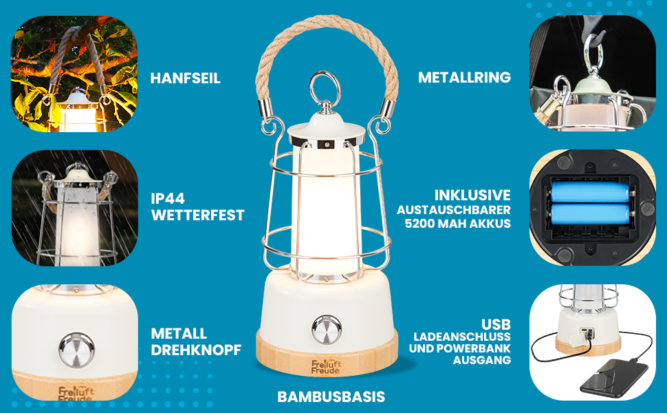 LED кемпінговий ліхтар на акумуляторі з Power Bank, 370lm, регулювання яскравості, USB зарядка, 2200-6500K, до 75 годин роботи, IP44, бамбук та льон