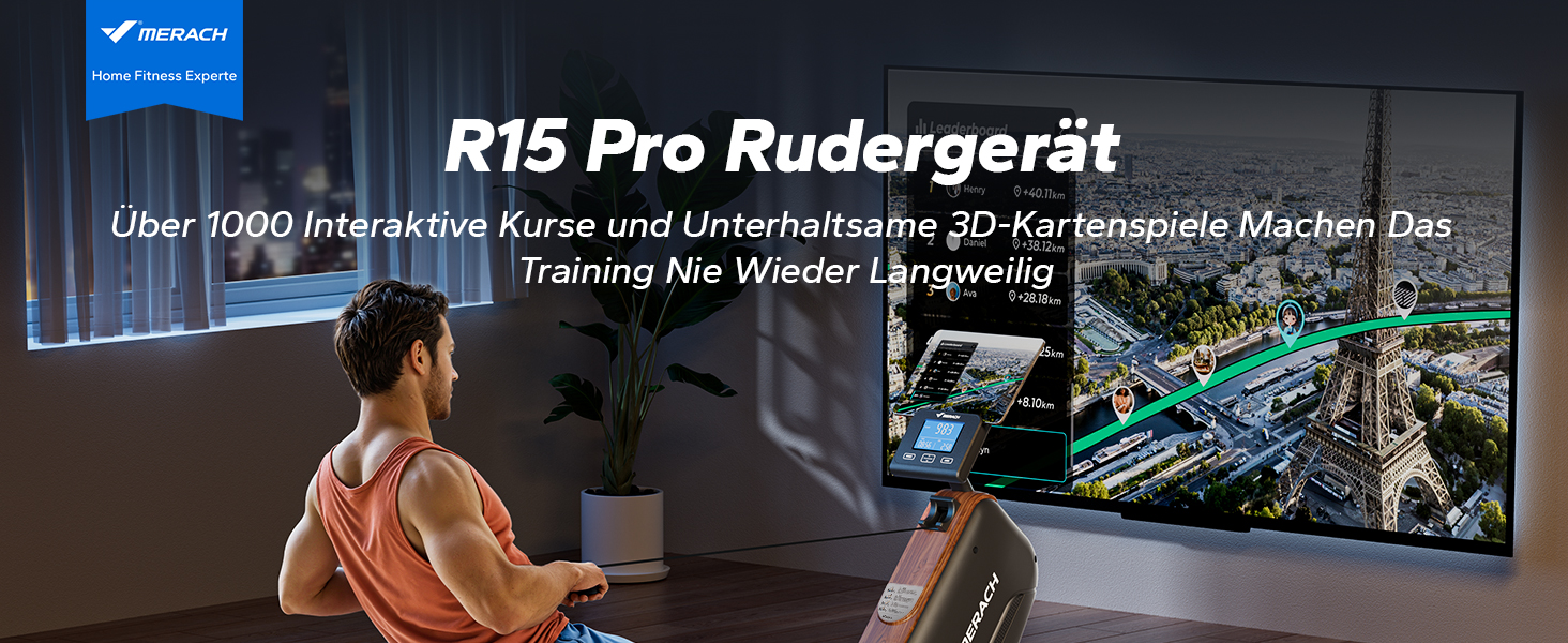 Гребний тренажер MERACH для дому, складаний, з магнітним приводом, тихий, з додатком, подовжені направляючі рейки, електричне регулювання (Plug-in)