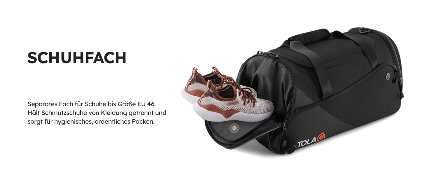 Спортивна сумка Tolaccea з відділенням для взуття та мокрого одягу, 47L, чорна. Ідеальна для фітнесу, тренувань, басейну та подорожей