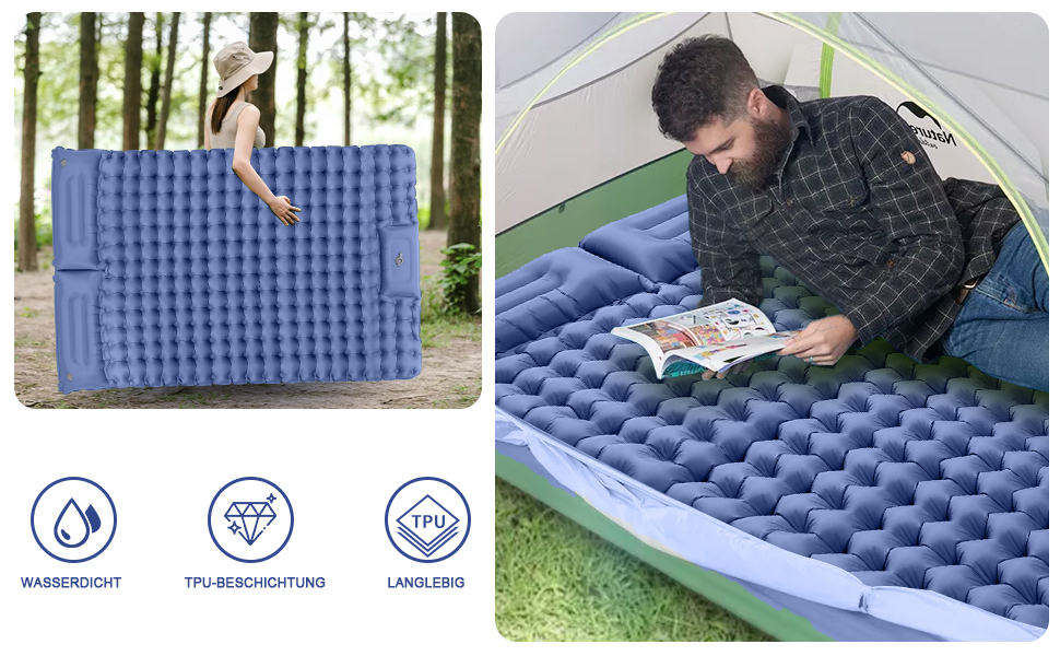 Надувний килимок для кемпінгу Isomatte, 10 см, двоспальний, з насосом, для туризму та відпочинку на природі (Marine Blau)