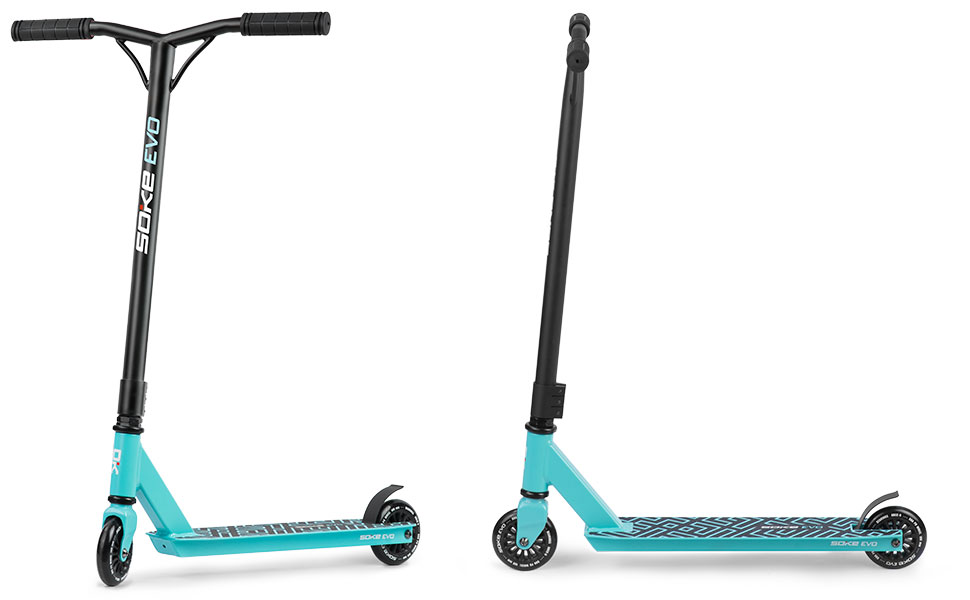 SOKE Evo: Скутер для екстремального катання в скейтпарку – ABEC-9 підшипники, сталевий Y-Bar, дека з алюмінію (88A PU колеса, стандартна дека, блакитний)