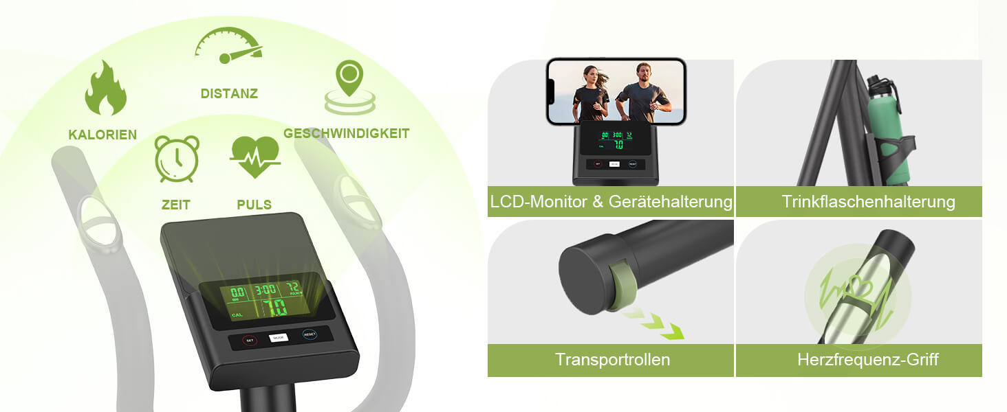 Еліптичний тренажер для дому з LCD-монітором (Bluetooth), 16 рівнів навантаження, транспортувальні колеса, до 130 кг (чорний)