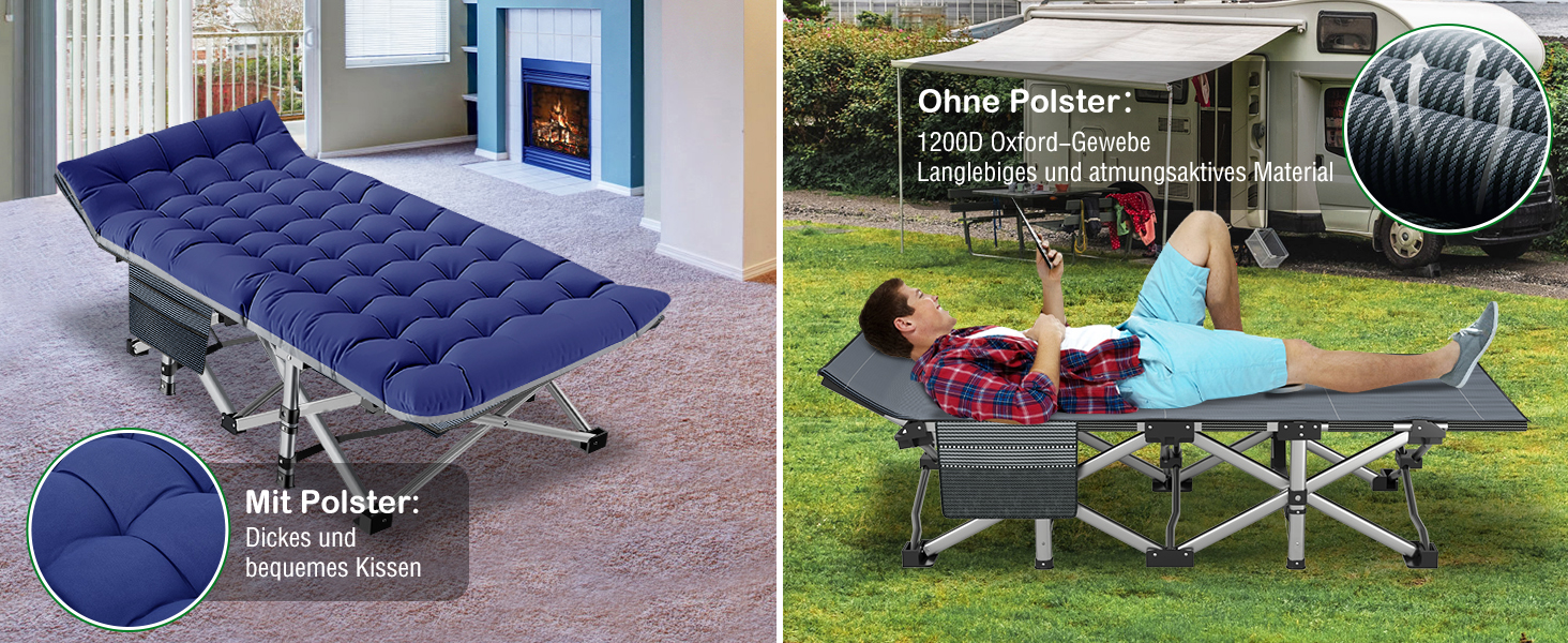 Розкладне ліжко ZIKEBTUY для кемпінгу та відпочинку: міцне, з матрацом, 190x71x36 см (сірий)