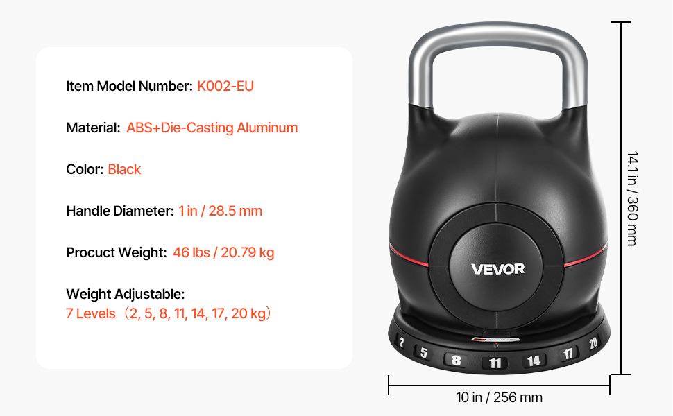 Куркова гантель VEVOR, регульована, 7 рівнів ваги, алюмінієвий корпус, ABS, для силових вправ, тренування всього тіла та кросфіт, 20 кг