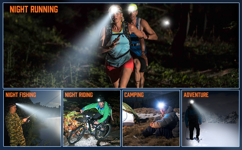 Ліхтар на лоб MIAOKE, USB-перезарядний LED-ліхтар 100000 люмен, надзвичайно яскравий, IPX5 водонепроникний, 4 режими, індикатор заряду та сигнальний світлодіод для дорослих, бігу, активного відпочинку, кемпінгу, риболовлі/полювання, помаранчевий