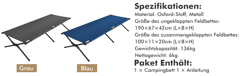Кемпінгове ліжко Costway з металевим каркасом, складне, військового типу, одинарне, для кемпінгу та подорожей, 190 x 67 x 42 см (блакитне)