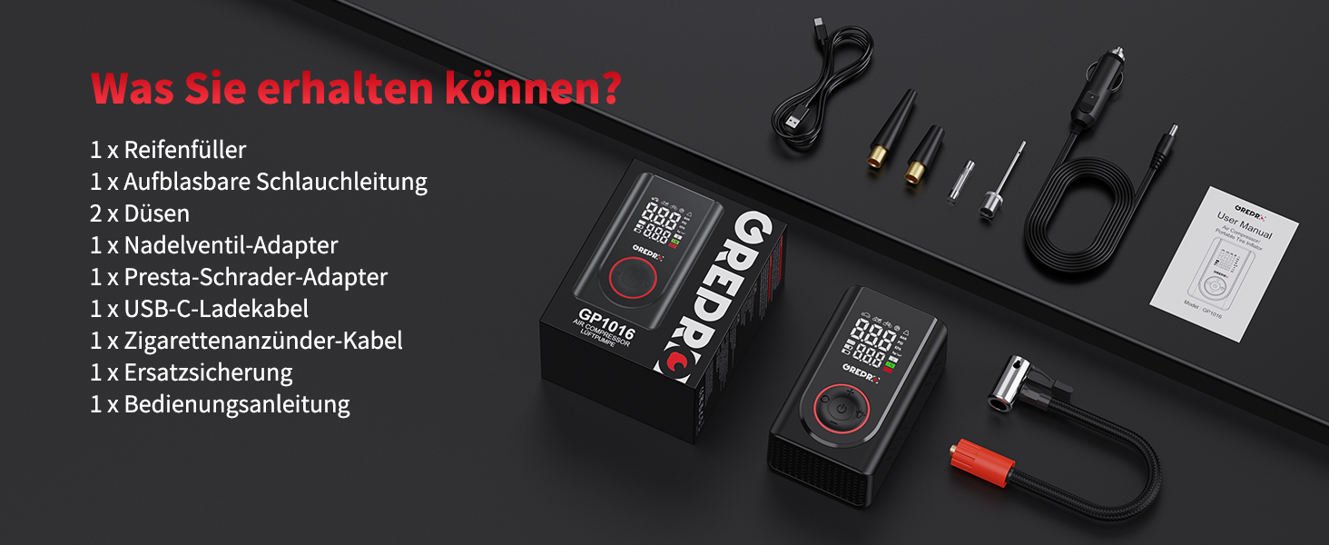 Електричний компресор GREPRO для авто, мото, велосипеда та м'ячів, 150 PSI, акумулятор 5000mAh, LED-ліхтар, цифровий манометр