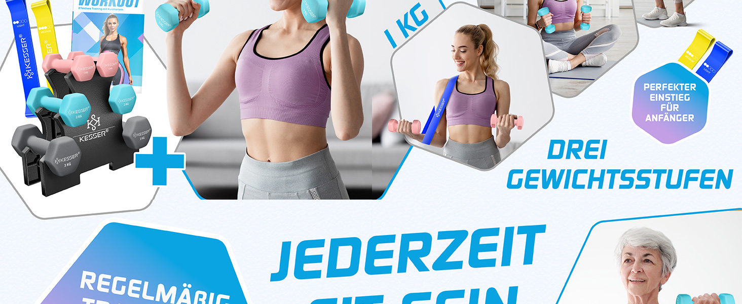 Набір гантелей KESSER® 18 кг з підставкою, 3 пари (1-5 кг), неслизьке неопренове покриття, з інструкцією та фітнес-гумками