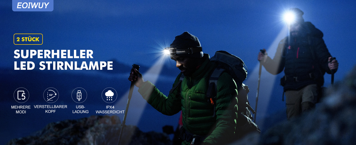 Налобний ліхтар LED, 2 шт. - перезарядна суперяскрава модель з 5 режимами, біле та червоне світло, IPX4 вологостійкий, регульований кут 60° для бігу/кемпінгу/дорослих