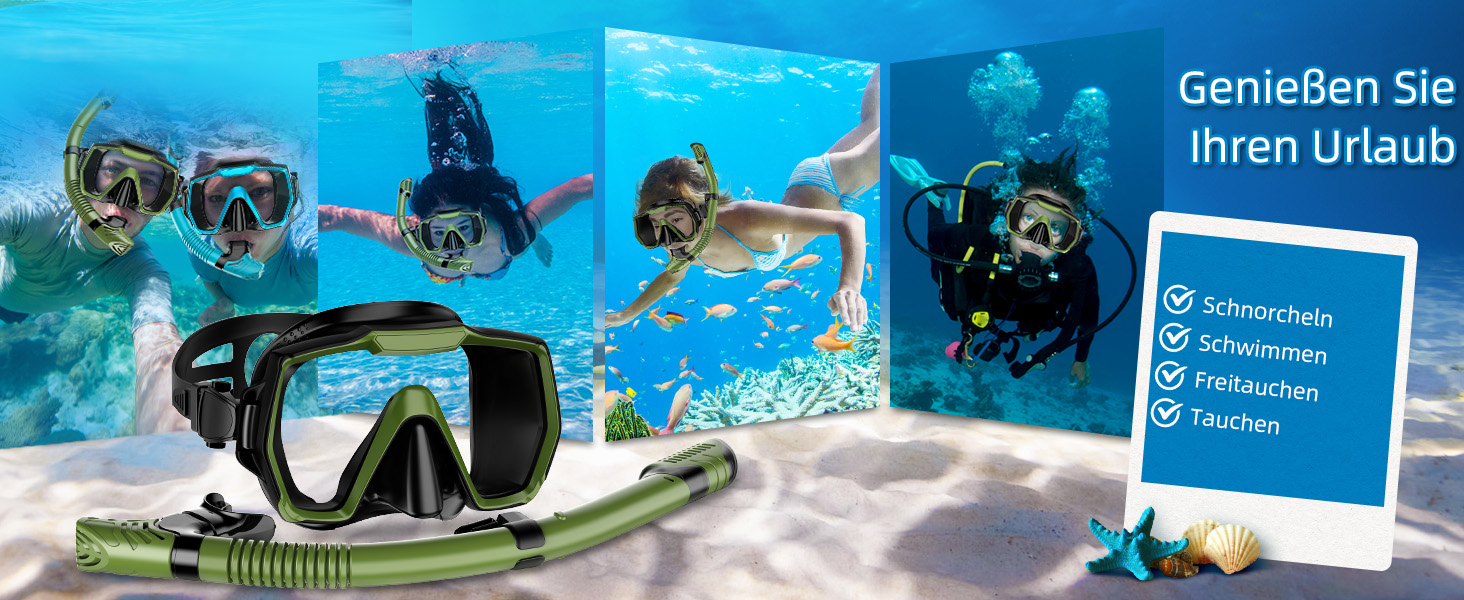 Набір для снорклінгу для дорослих, маска та трубка, антизапотевальне скло, панорамний огляд, сухий набір, армійний зелений