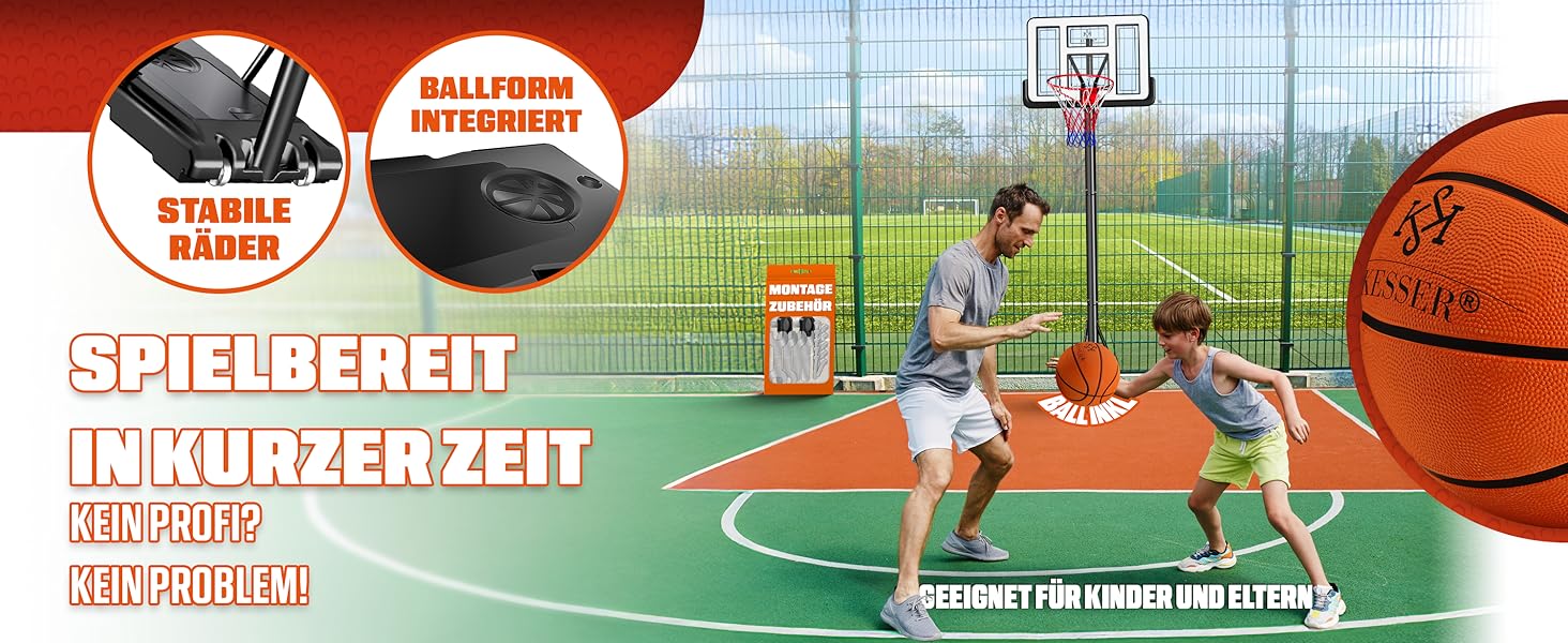 Курка баскетбольна KESSER® Outdoor зі стійкою та колесами. В комплекті 2 сітки, м'яч та насос. Регульована висота 230-305 см. Чорний колір. Підходить для дорослих та дітей.