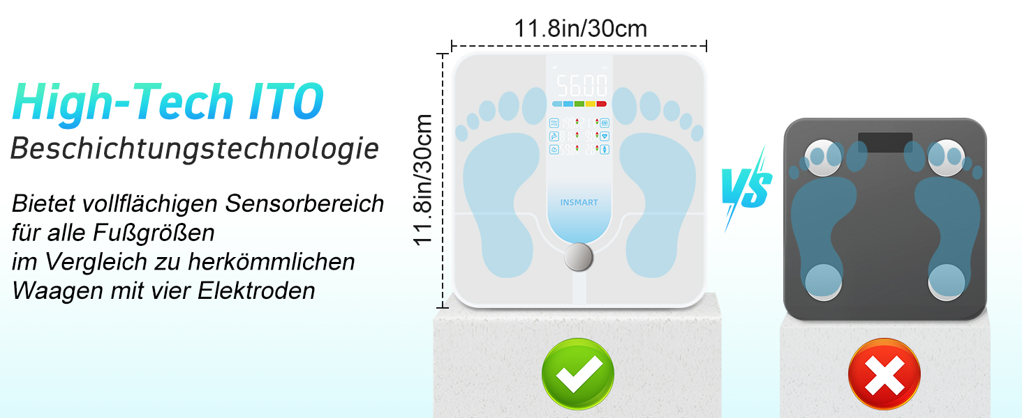 Інсмарт Розумна вага з великим дисплеєм, 227 кг/500 фунтів, аналіз складу тіла, Bluetooth, APP, 18 показників (BMI, вага, жир, м'язи, пульс), біло-помаранчевий/блакитний колір