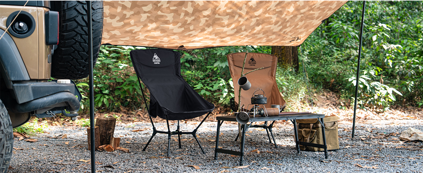 Стілець для кемпінгу OneTigris OASISFLEX, висока спинка, 150 кг, складний, легкий, з інтегрованим хрестоподібним каркасом, для риболовлі, з 2 кишенями, для відпочинку на природі, піших прогулянок (чорний)