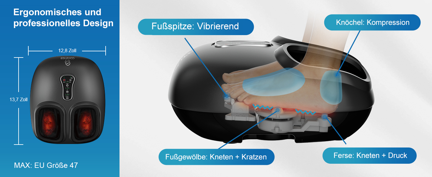 Масажер для ніг Comfier з підігрівом, вібрацією та компресією повітря, Shiatsu масажер для ніг електричний, для плоскостопості та зняття болю, до 47 розміру, чорний