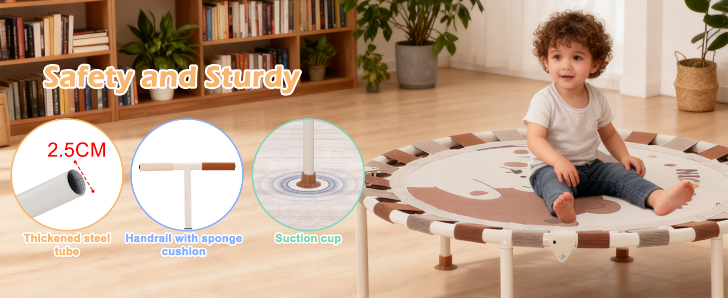 Батут дитячий для дому та саду Ø101 см з регульованою ручкою та пружинним ременем, батут для фітнесу для хлопчиків та дівчаток від 3 років, до 80 кг, бежевий