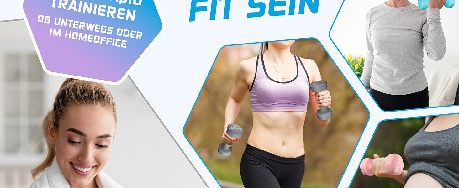 Набір гантелей KESSER® 18 кг з підставкою, 3 пари (1-5 кг), неслизьке неопренове покриття, з інструкцією та фітнес-гумками