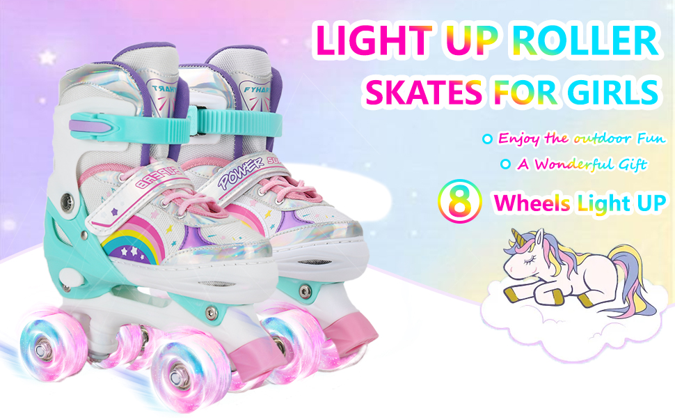 Дитячі ролики Kinder Quad Skates для дівчаток та хлопчиків, регульовані, райдужні з підсвічуванням, для дому та вулиці