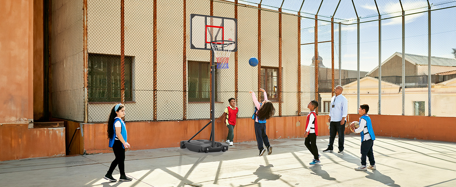 Баскетбольний кошик вуличний дитячий/підлітковий на колесах, регульована висота 147-260 см, з полікарбонатною щитом 82x53 см та розширеною основою, чорно-червоний