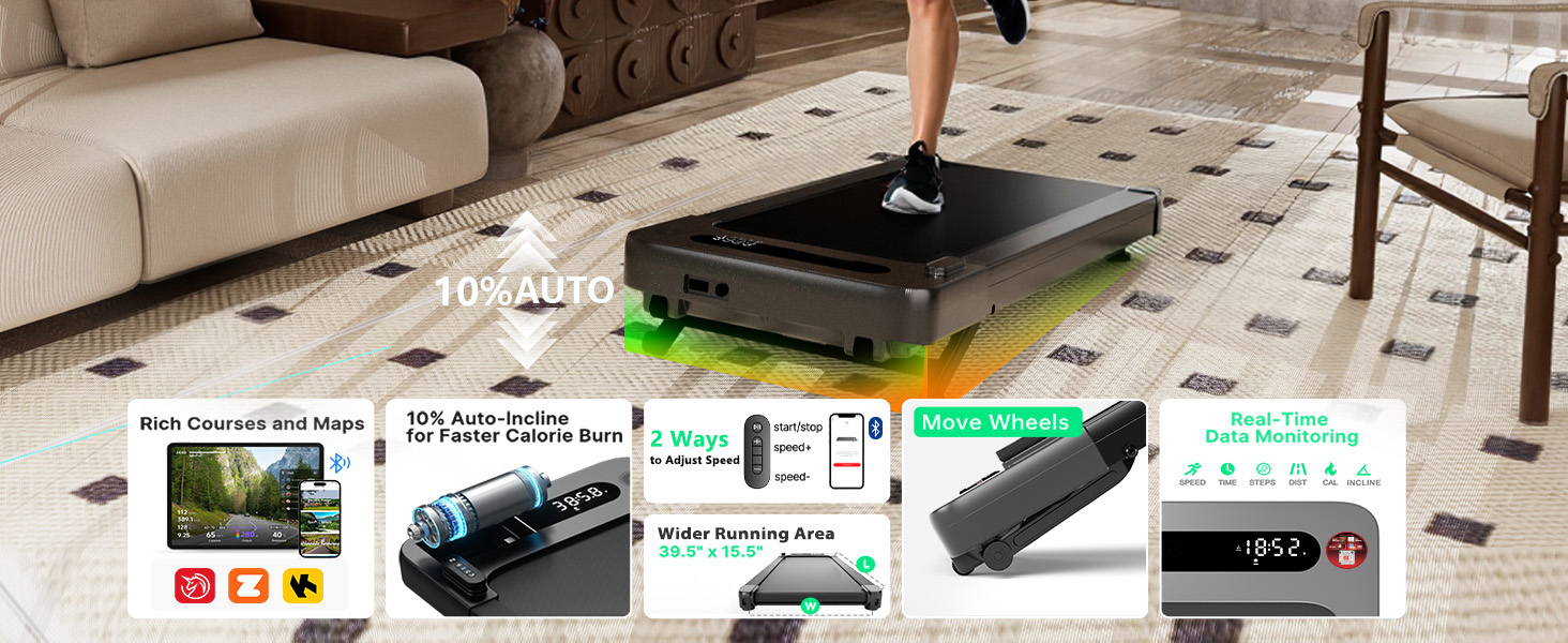 Bluearth Walking Pad - Бігова доріжка для ходьби з автоматичним нахилом 10%, для дому та офісу, з додатком, підтримкою Live-курсів, до 150 кг, 2.5 к.с., чорна