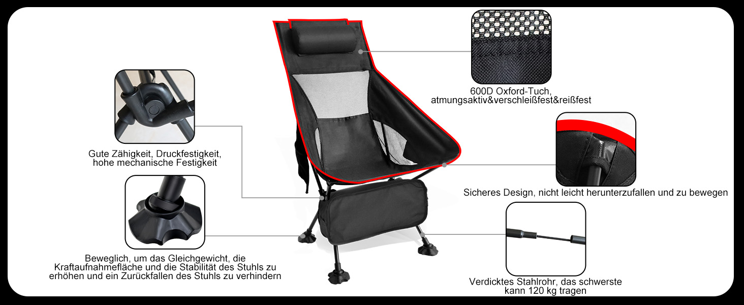 Зручний складаний стул для кемпінгу Bindokun, 120 кг, ультралегкий, з кишенями та підголівником, чорний