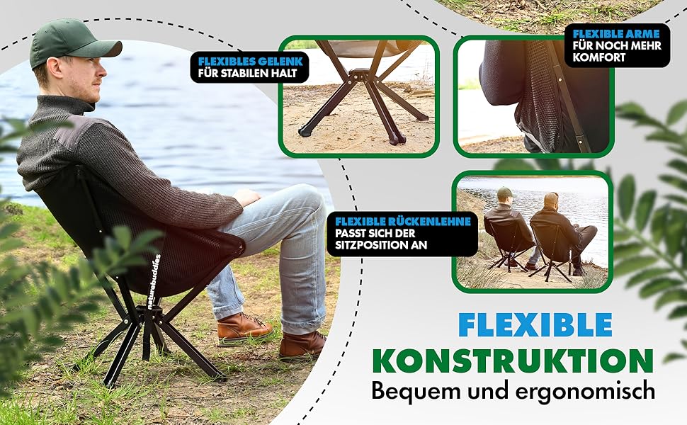 Крісло для кемпінгу Nature Buddies® Faltbar: Легке, компактне, розкладне, до 150 кг | Стільці для риболовлі, відпочинку на природі, фестивалів, туризму | Чорний