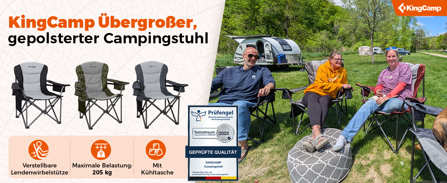 Складаний кемпінговий стілець KingCamp XXL до 250 кг: ергономічний, з підтримуванням попереку та сумкою-холодильником, чорний
