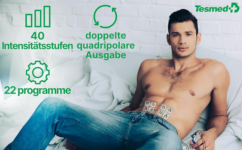 Електростимулятор м'язів TESMED Fit: EMS, TENS, масаж (3 в 1), 22 програми, 6 налаштовуються, для зняття болю та стимуляції м'язів живота, сідниць та грудей. Комплект з 8 електродів.