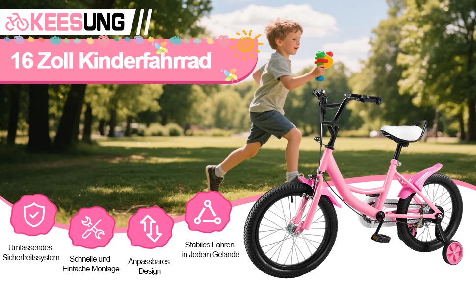 Дитяче велосипед 16 дюймів для хлопчиків та дівчаток, регульована висота, знімні додаткові колеса, рожевий