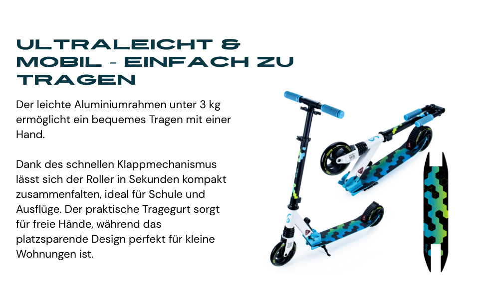 Самокат міський Bergen City Scooter Sonic – алюмінієвий, складаний, колеса PU 145мм, амортизатор, гальмо заднє, регульована висота, для дітей від 5 років, легкий, чорний/білий/синій/зелений