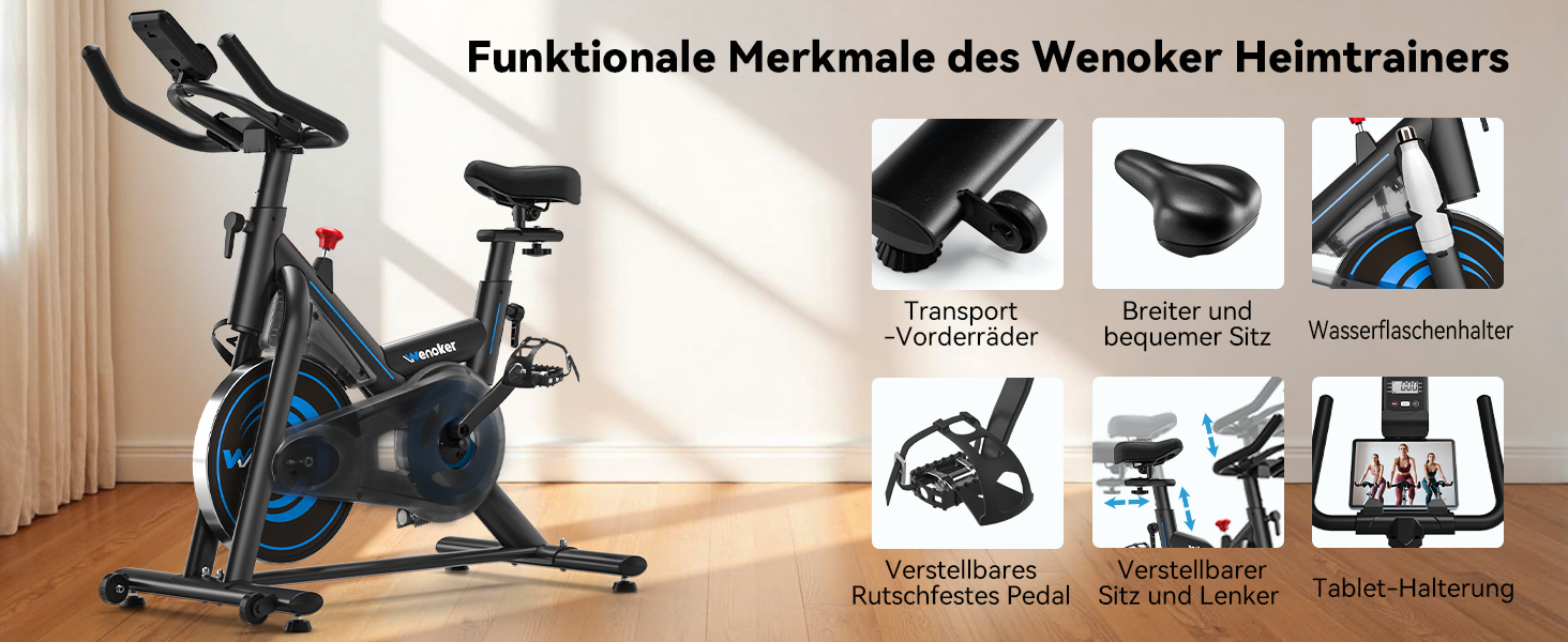 Велотренажер Wenoker з додатком, тихий ергометр, фітнес-велосипед для кардіотренувань вдома, до 160 кг, чорно-синій