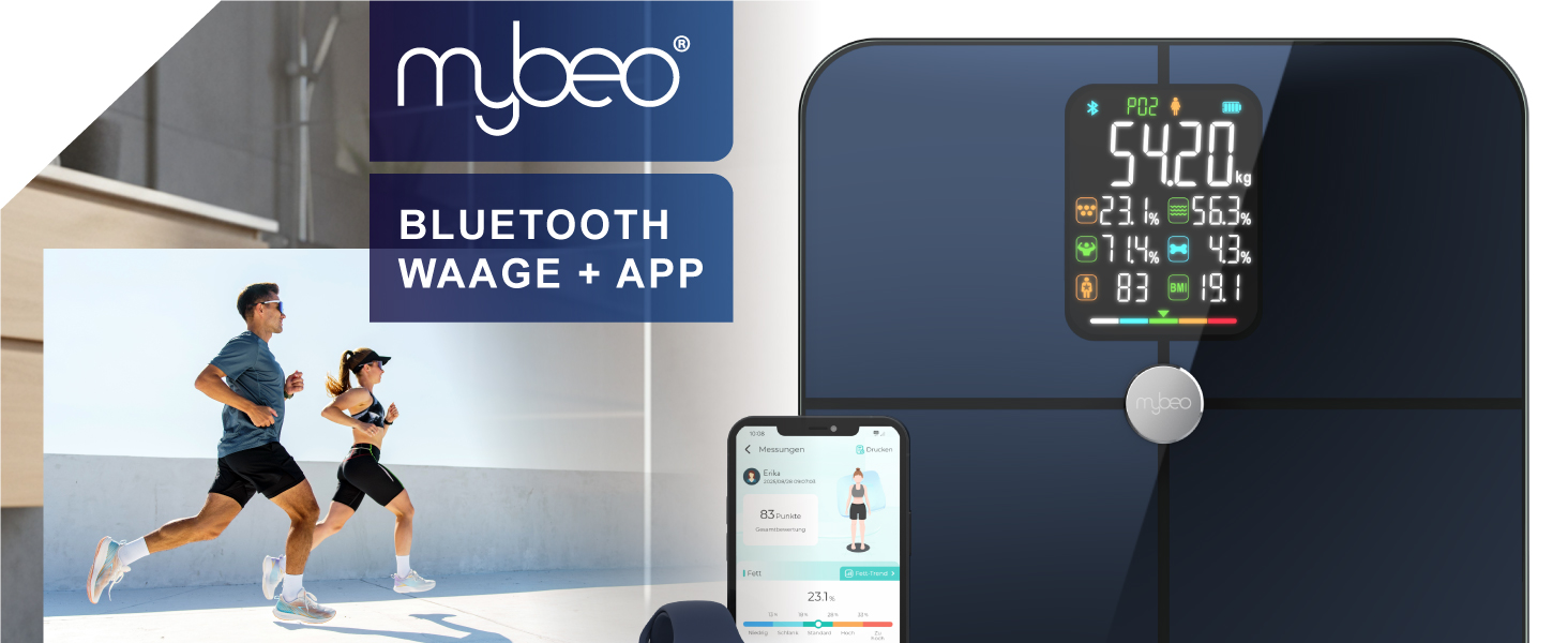 Вага Mybeo для тіла з аналізом складу тіла та Bluetooth - цифрова вага для тіла з дисплеєм, скануванням Full Body, до 180 кг, загартоване скло