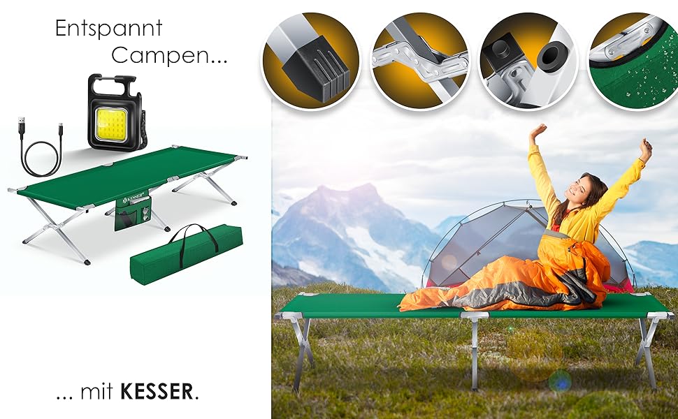 Кемпінгове ліжко KESSER® розкладне, 190/210 см, з сумкою, ліхтарем та кишенею, сталевий каркас, 150 кг, 600D Oxford