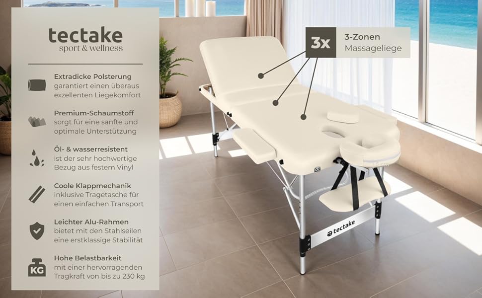 Масажний стіл Tectake® 3 зони, складаний, з регулюванням висоти, алюмінієвий, з аксесуарами (підголовник, підлокітники, сумка) - бежевий