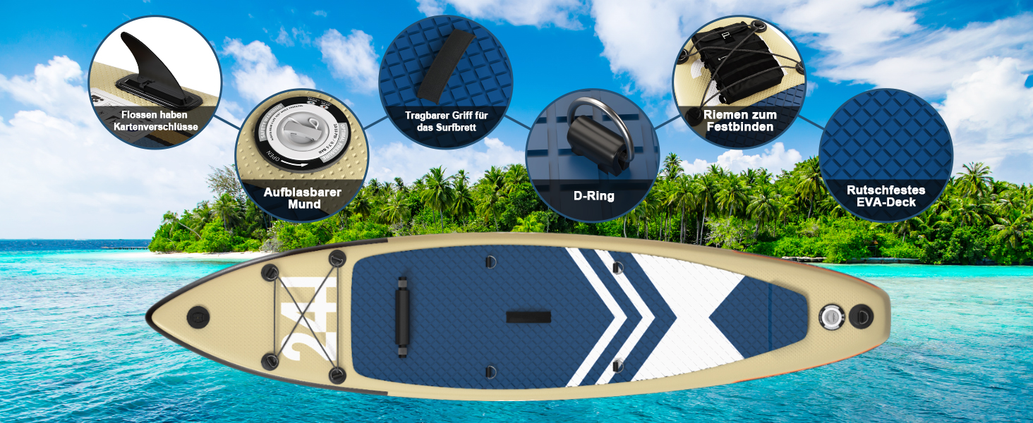 Надувний SUP Борд Devoko для SUP, каякінгу, риболовлі та йоги, 330x76x15 см, до 130 кг, з аксесуарами, бежевий