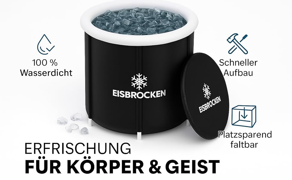 Мобільна крижана ванна Eisbrocken 80 см, чорна, ізоляція 7 шарів, з кришкою для спорту та відновлення, для льодових ванн після тренування, покращує кровообіг та розслаблення м'язів