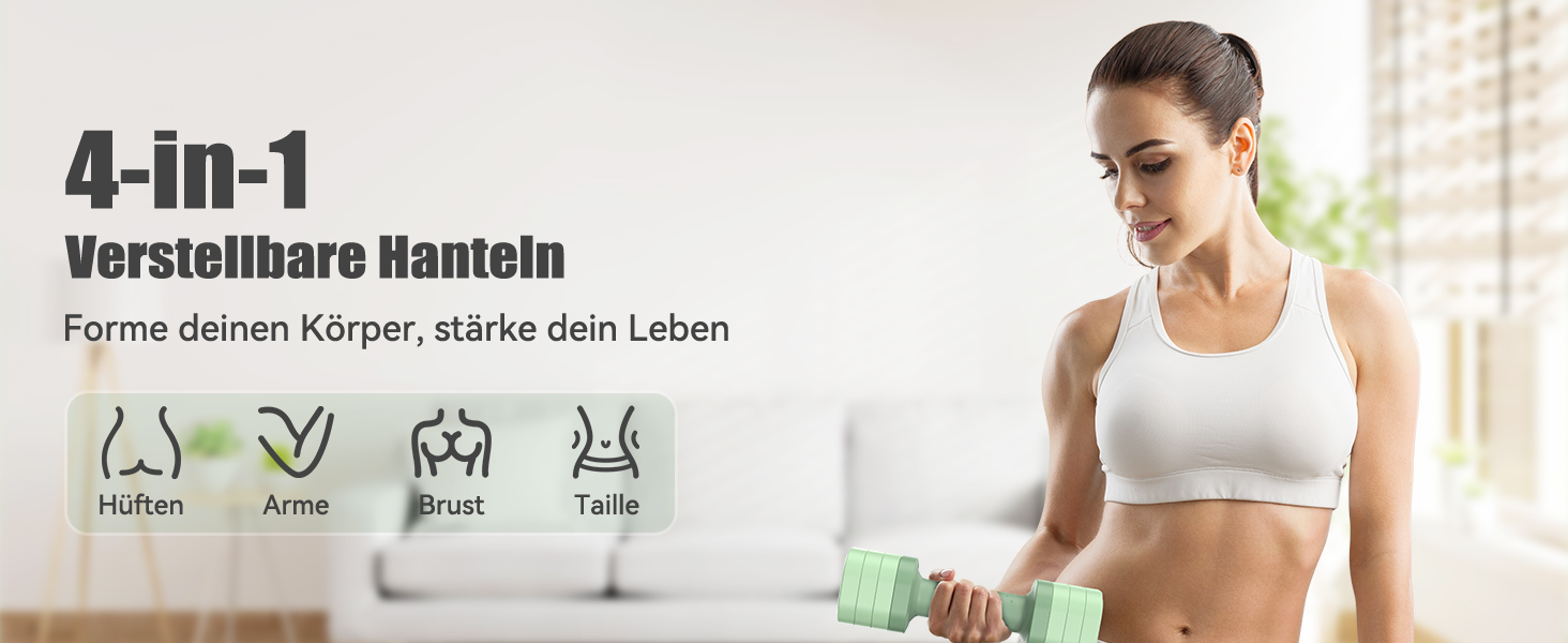 Sportneer Регульовані гантелі для жінок - набір 2 шт (0.9–2.3 кг кожна), 4-в-1, з неслизьким TPU-покриттям, для домашнього фітнесу, силових тренувань (зелені)