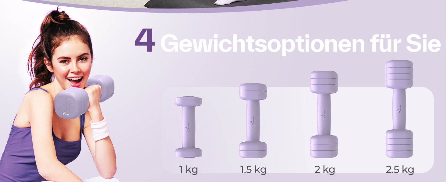 Набір гантелей Sportneer регульовані жіночі – 2 шт. (1–2,5 кг) з неслизьким TPU-покриттям, 4-в-1 для дому, фітнесу та силових тренувань Aura-Lavendel