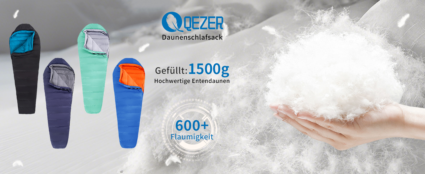 Сплячий мішок QEZER зимовий пуховий для дорослих та дітей, -23°C, для кемпінгу, всі сезони, чорний/сапфіровий