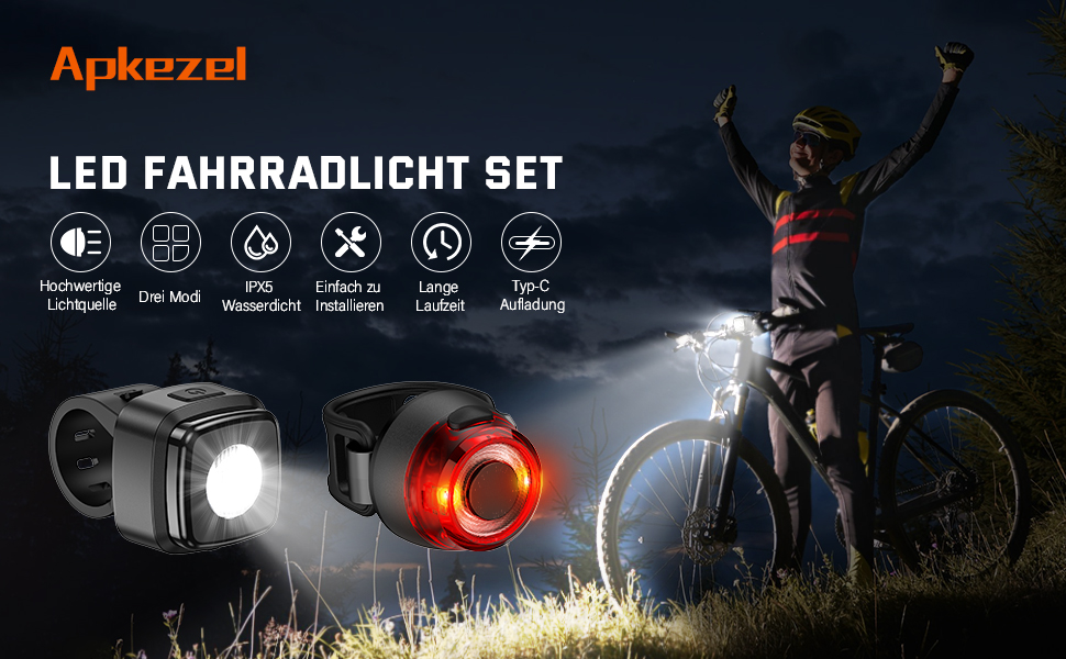 Набір LED-ліхтарів для велосипеда Apkezel, StVZO, USB, водонепроникні, передній + задній ліхтар