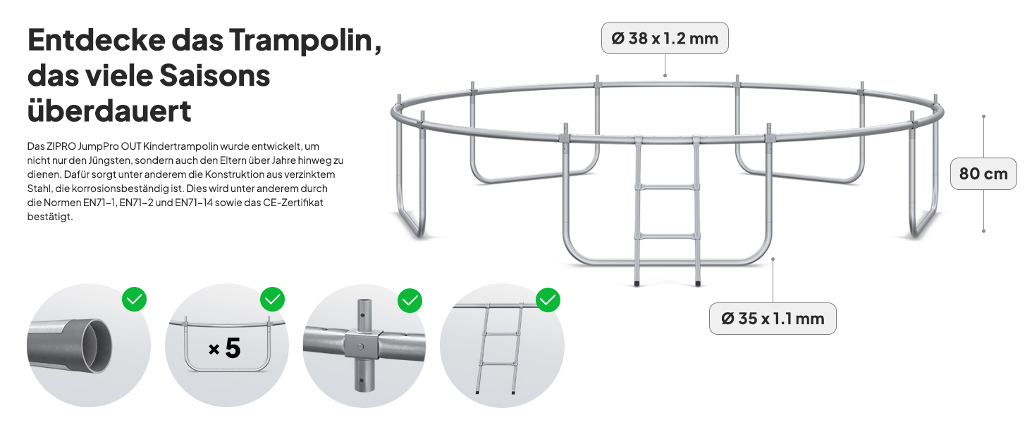 ZIPRO JumpPro Premium Трамплін для дітей Outdoor, садова модель з сіткою, стійкий до погодних умов, захист від УФ-випромінювання, легка збірка, вантажопідйомність до 150 кг, діаметр 252/312/374/435/496 см (10'/12'/15'/17'/20')