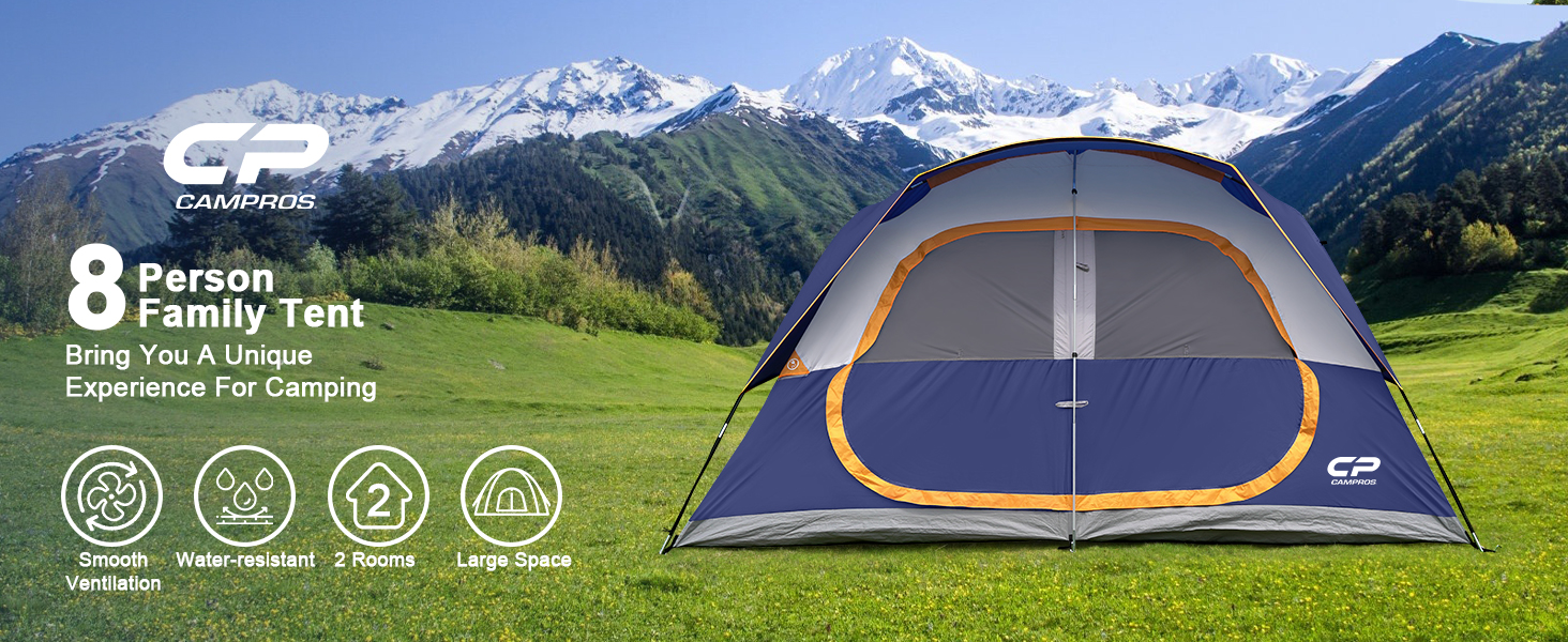 Намет сімейний CAMPROS Campingzelt 6 для 8 осіб, водонепроникний, 366x274x193 см, швидкий монтаж, 4 сезони, блакитний
