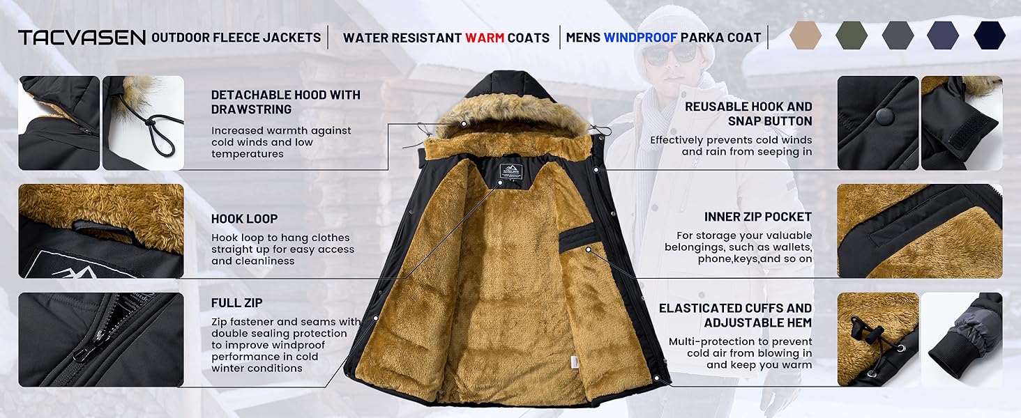 Чоловіча зимова куртка TACVASEN: водонепроникна, вітронепроникна, з капюшоном, чорна, 3XL